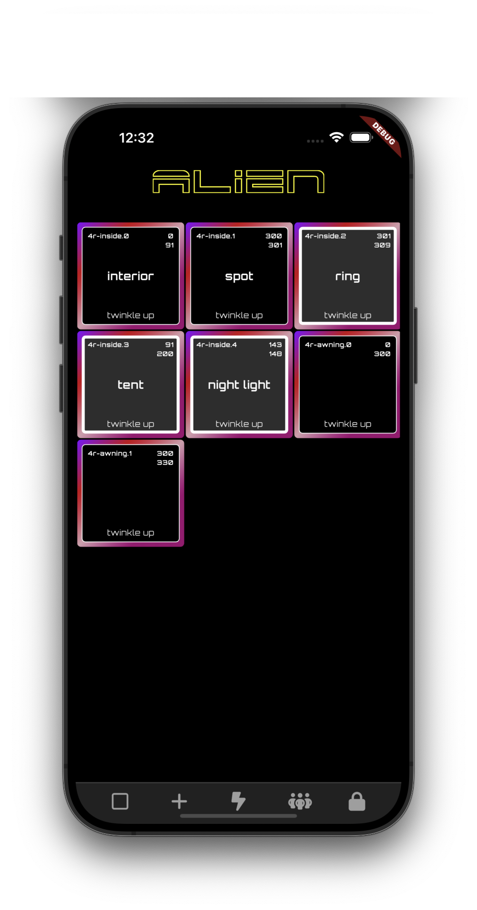 Alien Lights App zones dashboard showing interior, spot, ring, tent, and night light controls