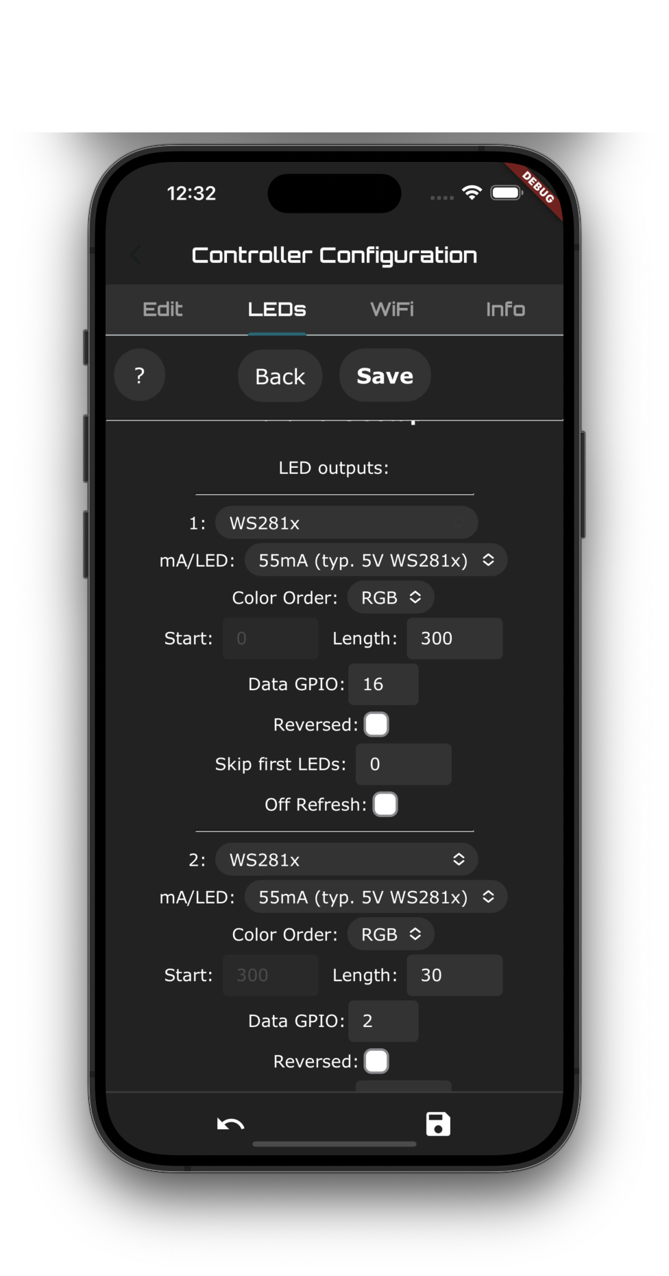 Alien Lights App pro mode controller configuration with LED protocol and GPIO settings