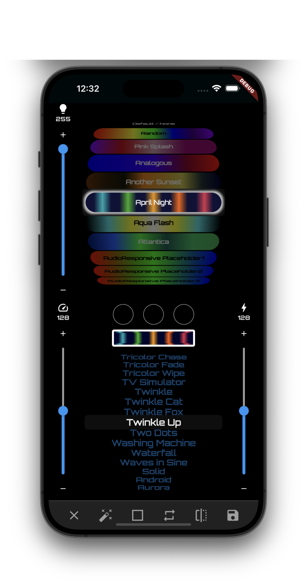 Alien Lights App effects and palette picker with live color sliders