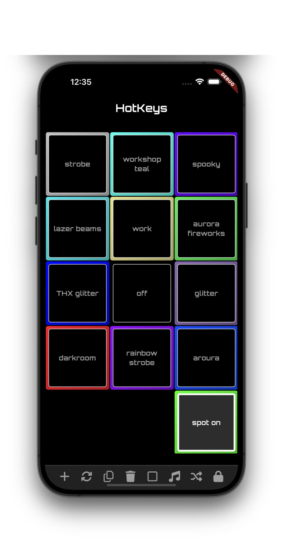 Alien Lights App HotKeys grid with named scenes like strobe, spooky, and darkroom
