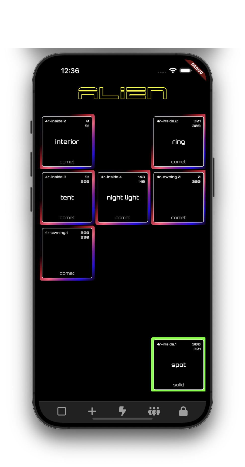 Alien Lights App zones grid with the comet effect running live across multiple zones