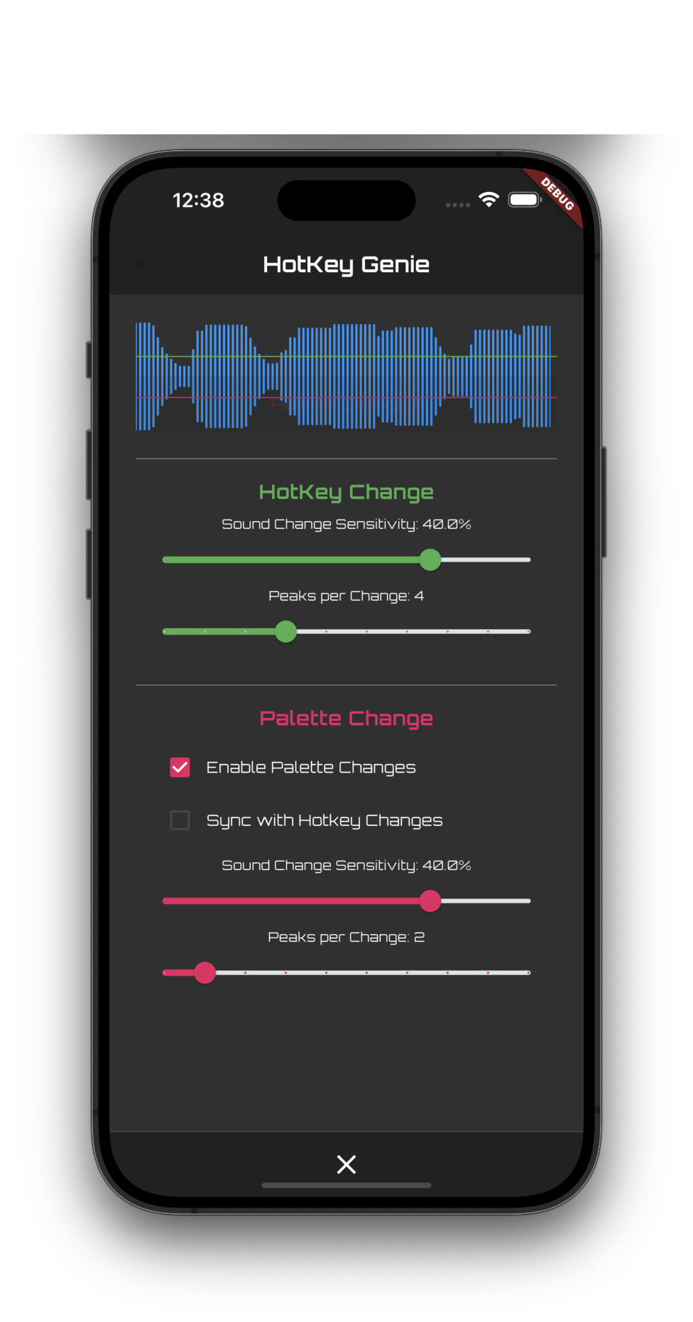 Alien Lights App HotKey Genie sound-reactive feature with waveform and sensitivity sliders