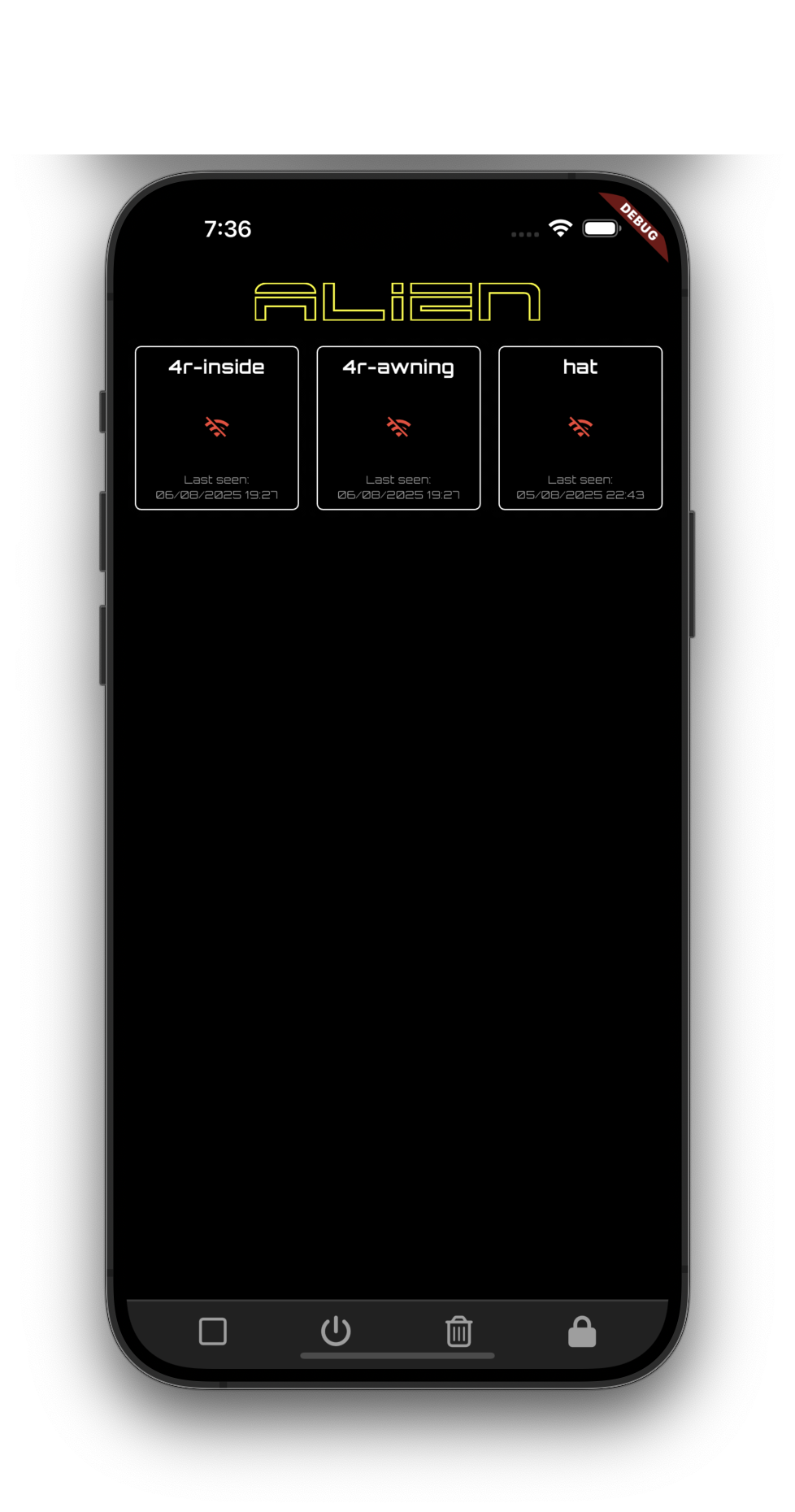 Alien Lights App device switcher showing multiple named rigs
