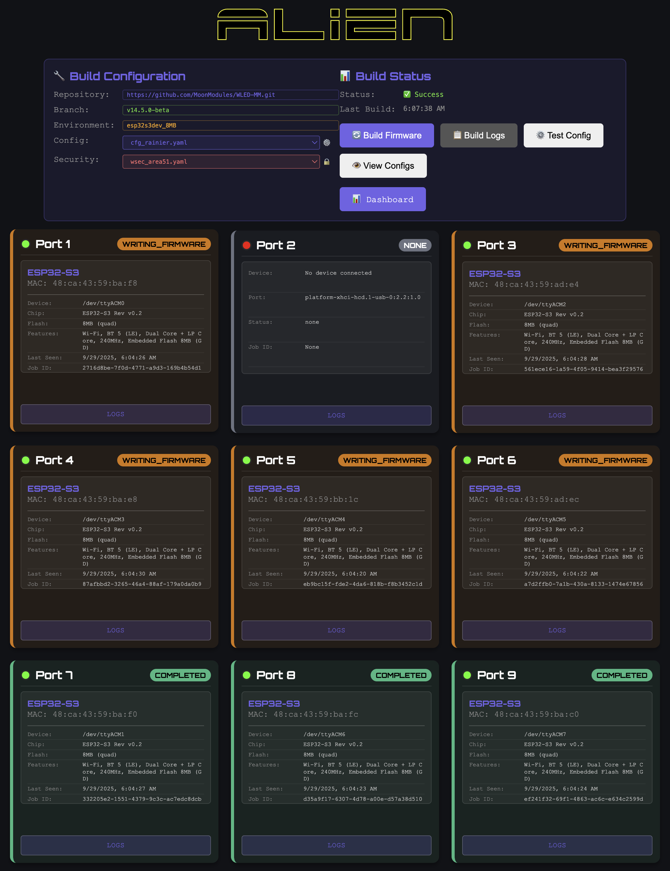 Alien Lights firmware build pipeline dashboard showing live status across multiple controller flashing ports
